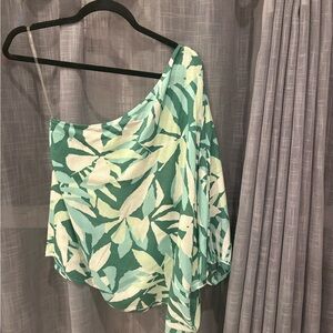 NWT women green white blouse Emily wonder one shoulder shirt weekend vacation S